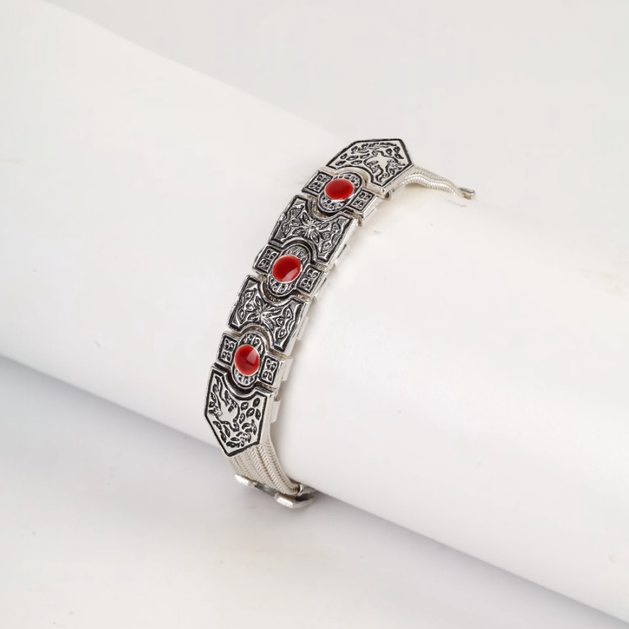 925 Sterling Green Enamel Motif Wicker Bracelet