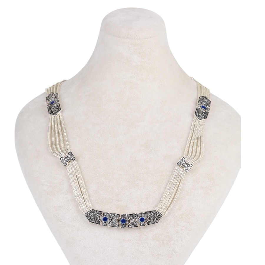 925 K Blue Enamel Bird Motif Mesh Necklace