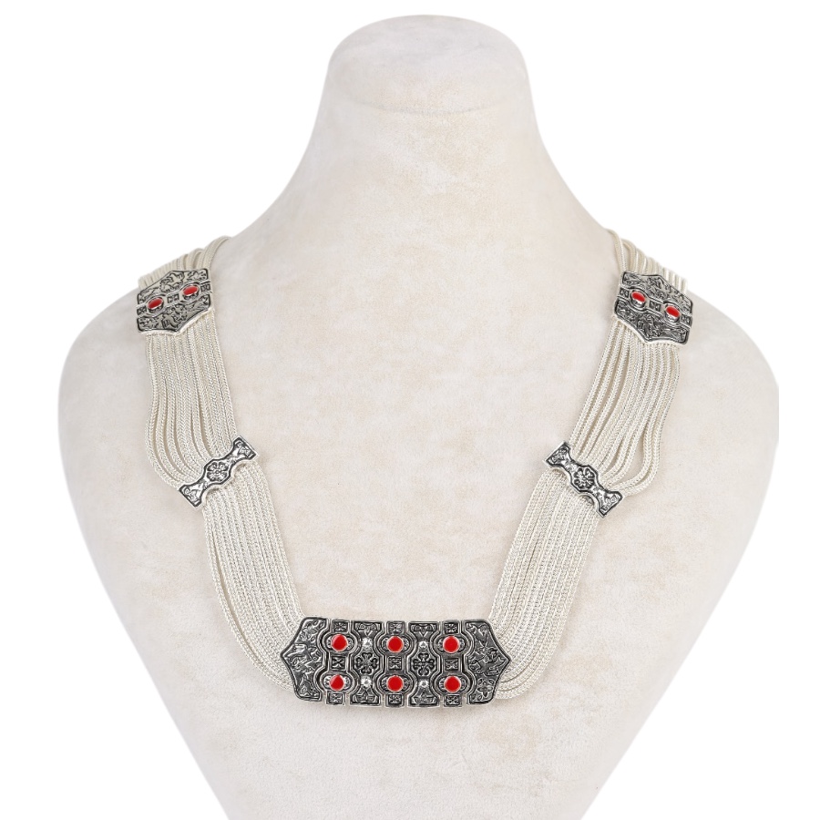 925 K Red Enamel Bird Motif Mardin Mesh Necklace