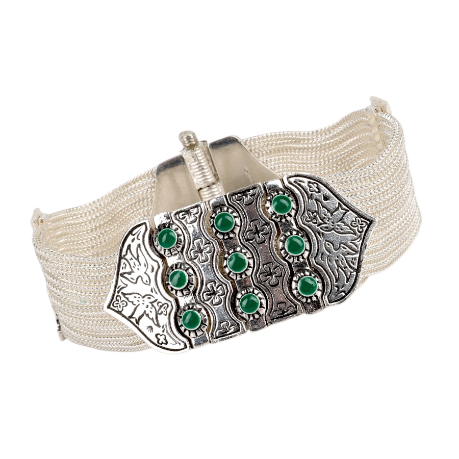 925 Sterling Green Enamel Bird Motif Wicker Bracelet