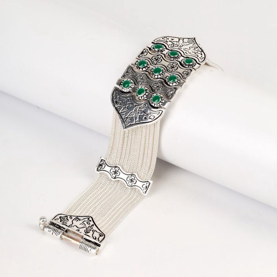 925 Sterling Green Enamel Bird Motif Wicker Bracelet