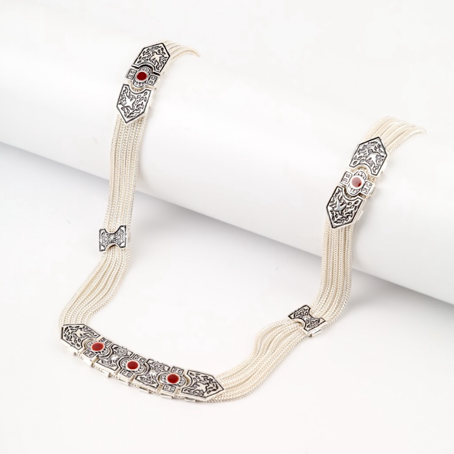 925 Sterling Red Enamel Bird Motif Mardin Necklace