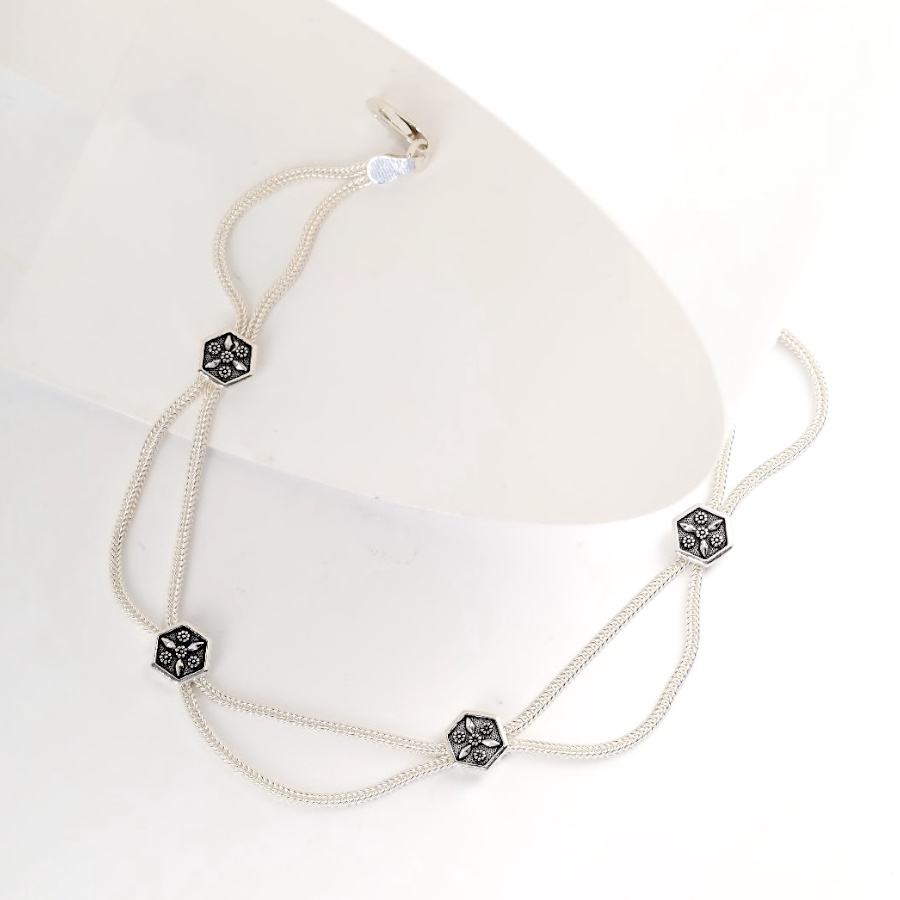 925 Carat Flower Motif Mardin Straw Anklet