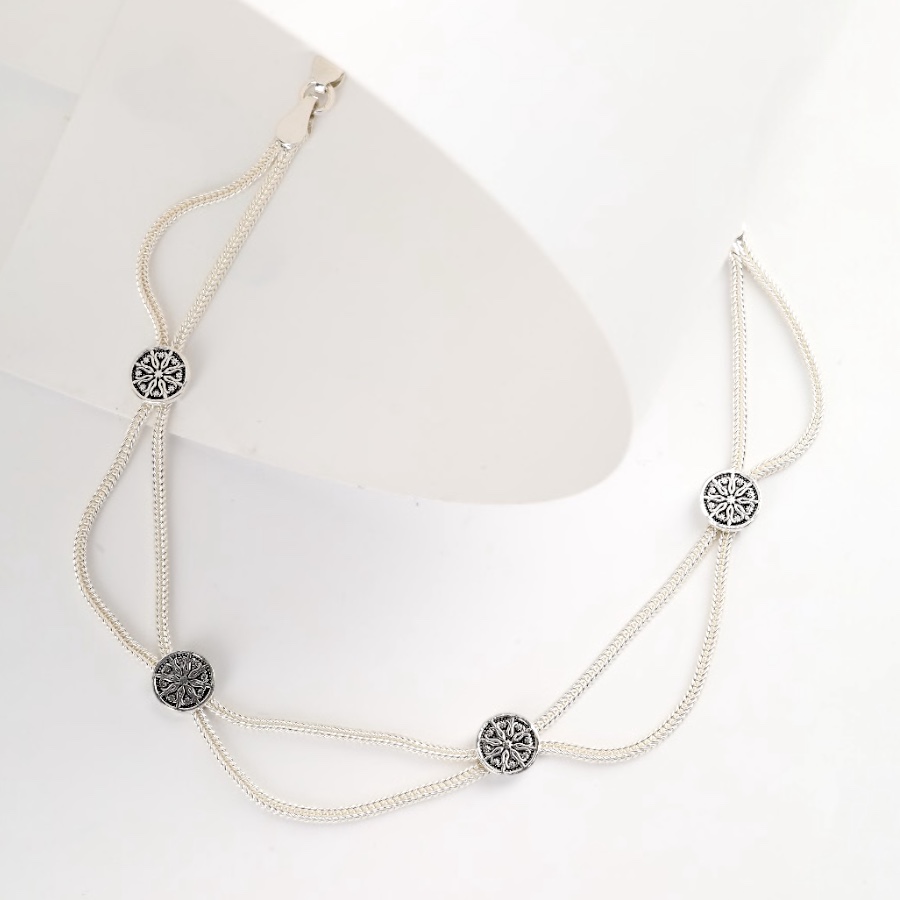 925 Carat Flower Motif Mardin Straw Anklet