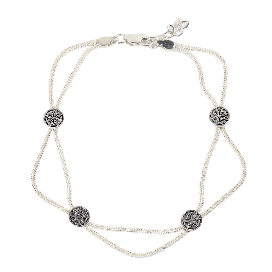 925 Carat Flower Motif Mardin Straw Anklet