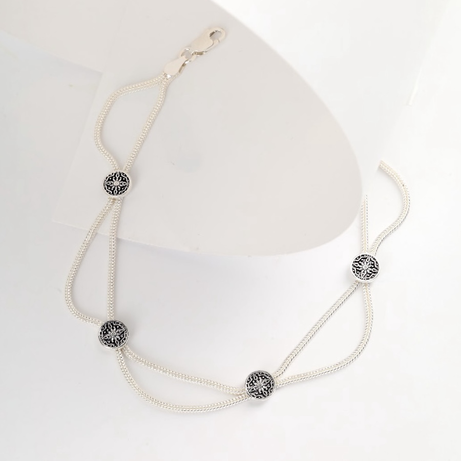 925 Carat Flower Motif Mardin Straw Anklet