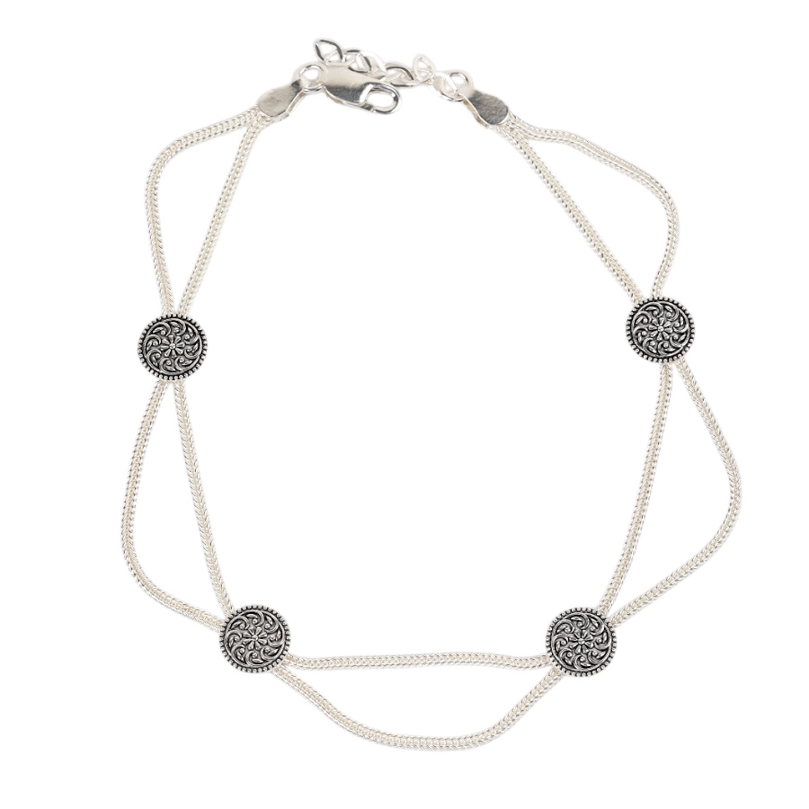 925 Carat Flower Motif Mardin Straw Anklet