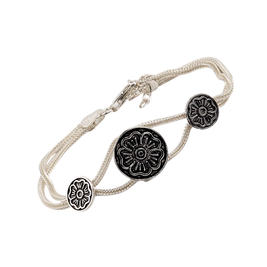 925 Sterling Flower Double Striped Straw Bracelet