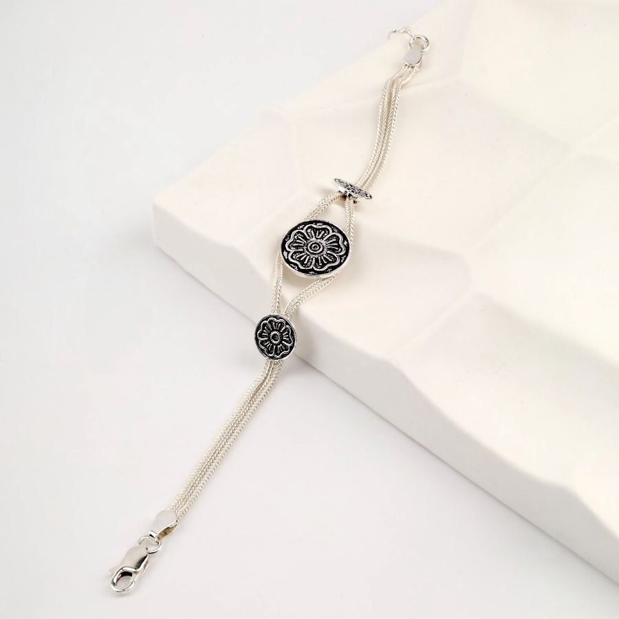 925 Sterling Flower Double Striped Straw Bracelet
