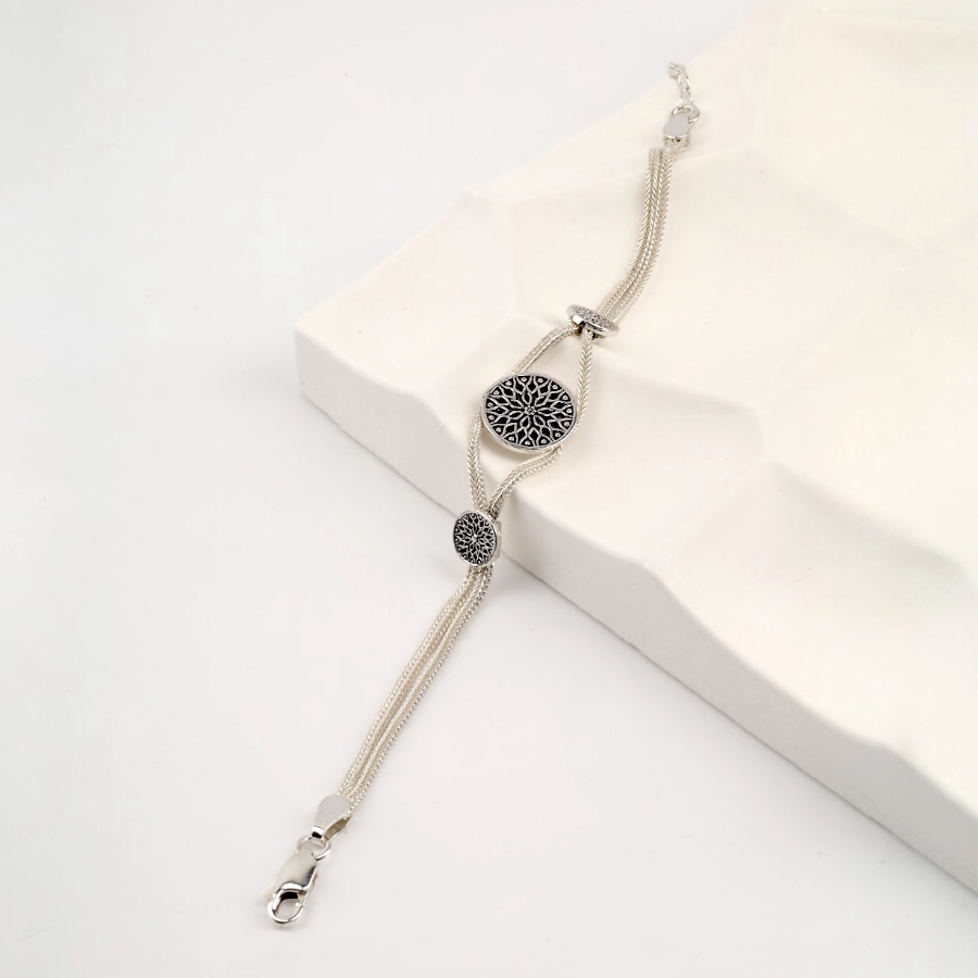 925 Sterling Flower Double Striped Straw Bracelet