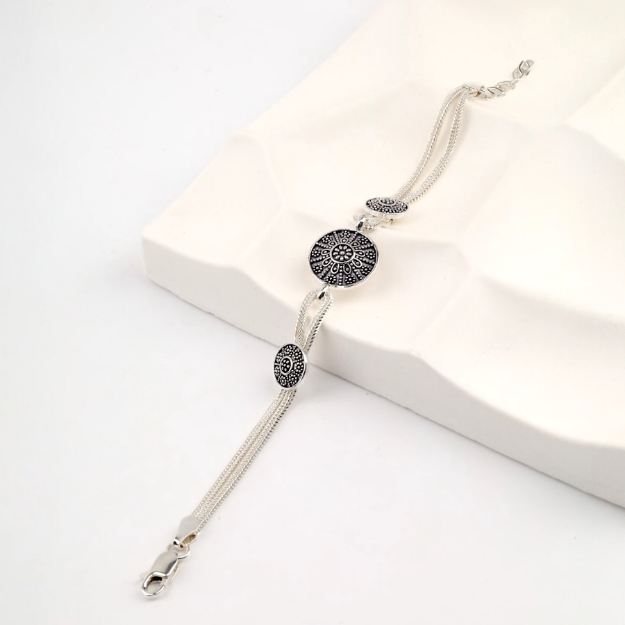 925 Sterling Flower Double Striped Straw Bracelet