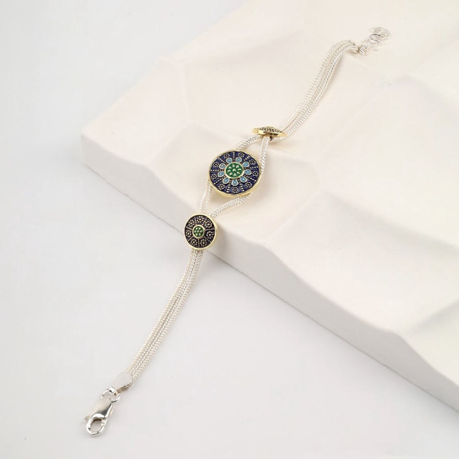 925 Sterling Flower Double Striped Straw Bracelet