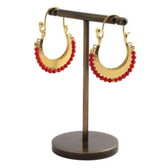 Red Coral Stone Silver Hoop Earrings