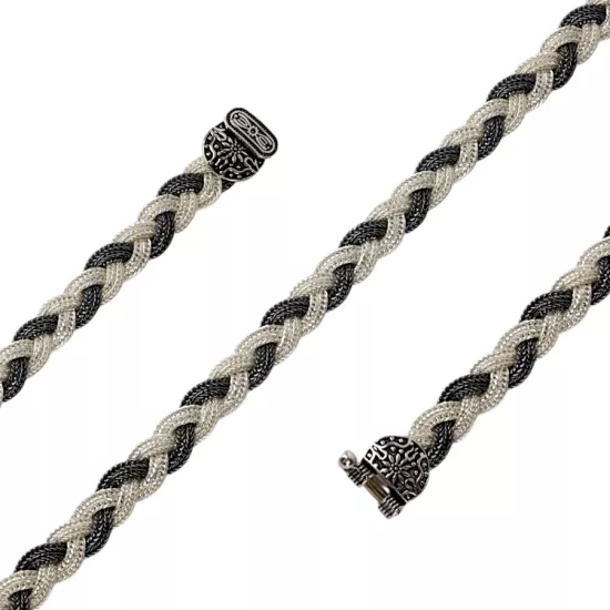 Çiçek Motifli Kilit Siyah Beyaz Hasır Gümüş Bileklik