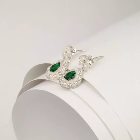 925 Ayar Yeşil Zirkon Taşlı Trabzon Hasırı Küpe