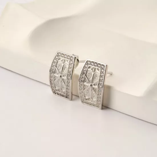 925 Ayar Telkari İşlemeli Taşlı Trabzon Hasırı Küpe