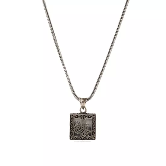 925 Ayar Kare Tuğra Cevşen Gümüş Kolye