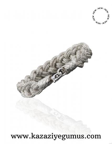 Kazaziye Wide Knitted White Silver Bracelet