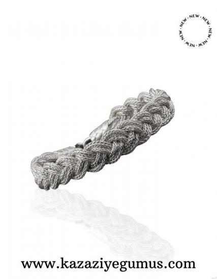 Kazaziye Wide Knitted White Silver Bracelet