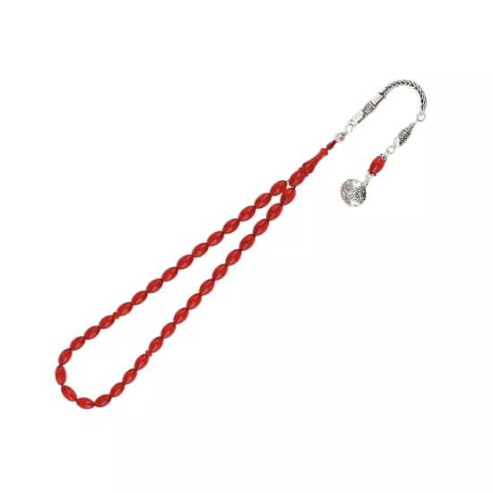 925 Ayar Kırmızı Toz Kehribar Damla Model Tesbih