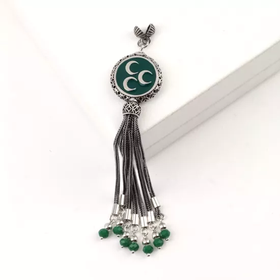 925 Ayar Yeşil Üç Hilal Tespih Püskülü