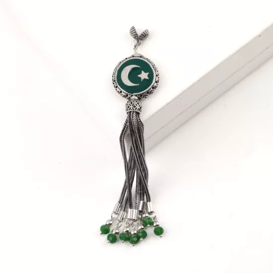 925 Ayar Yeşil Ay Yıldız Tespih Püskülü