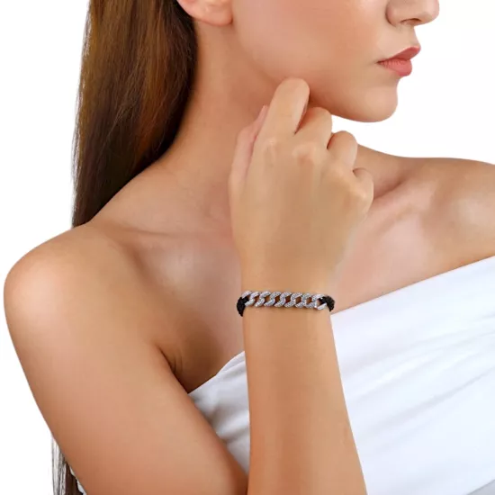 925 Ayar Gurmet Zincirli Gümüş Siyah İp Bileklik