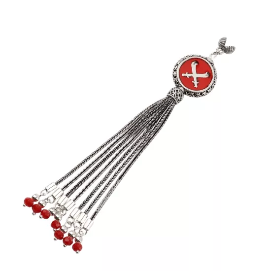 925 Ayar Kırmızı Çift Zülfikar Kılıç Tespih Püskülü