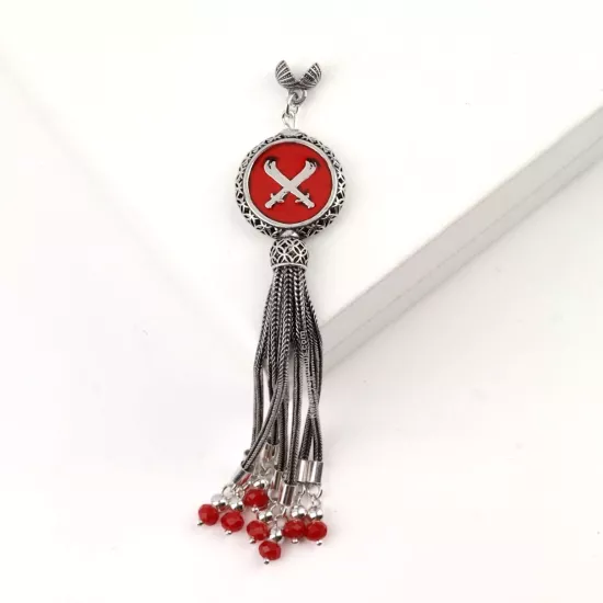 925 Ayar Kırmızı Çift Zülfikar Kılıç Tespih Püskülü