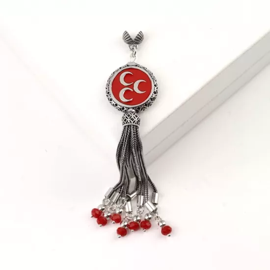 925 Ayar Kırmızı Üç Hilal Tespih Püskülü