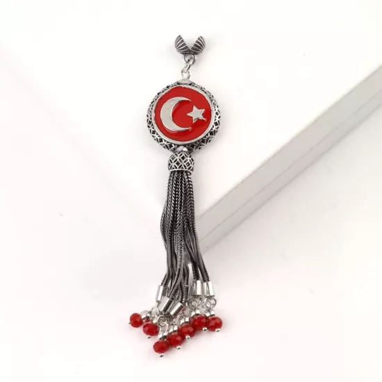 925 Ayar Kırmızı Ay Yıldız Tespih Püskülü