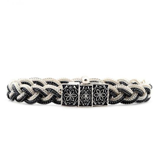 Black  White Braided Mardin Silver Bracelet