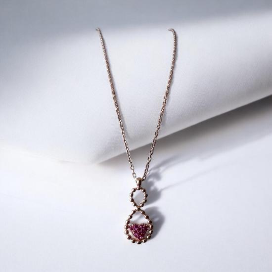 925 Ayar Pembe Zirkon Kalp Sonsuzluk Gümüş Kolye