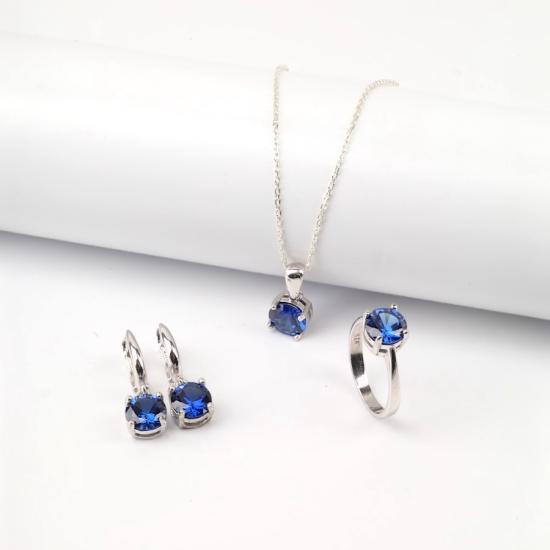 925 Ayar Gümüş Yuvarlak Lacivert Zirkon Taşlı Set