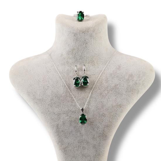 925 Ayar Gümüş Oval Zümrüt Zirkon Taşlı Kadın Set