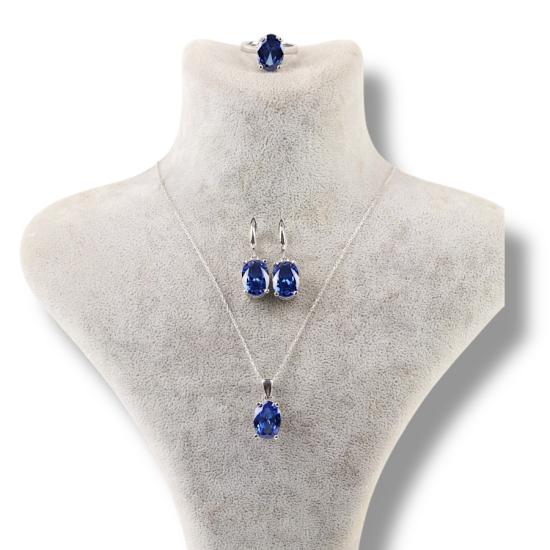925 Ayar Gümüş Oval Lacivert Zirkon Taşlı Set
