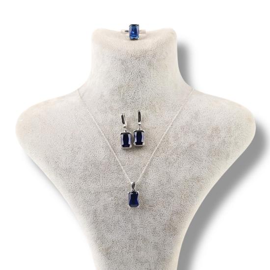 925 Ayar Gümüş Baget Lacivert Zirkon Taşlı  Set