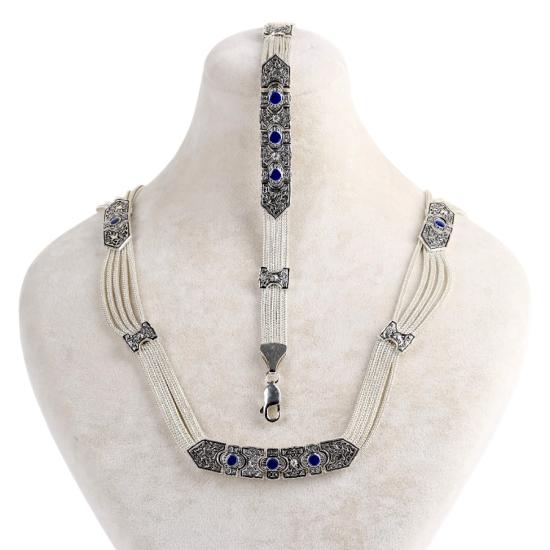 925 Ayar Mavi Mine Kuş Motifli Mardin Hasırı Set