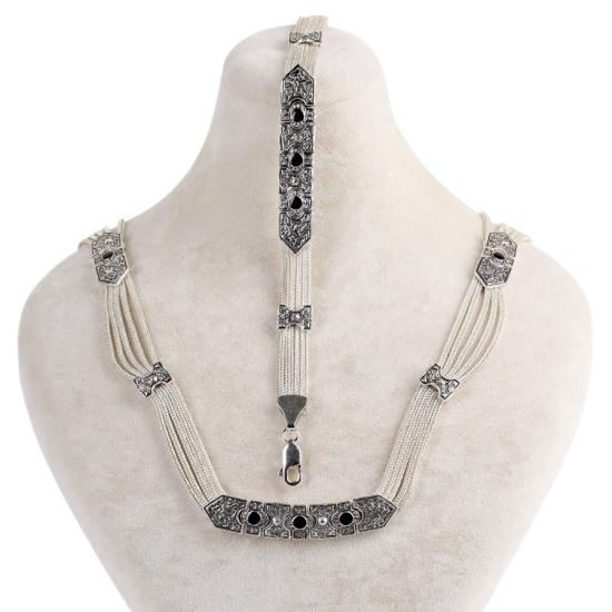 925 Ayar Siyah Mine Kuş Motifli Mardin Hasırı Set