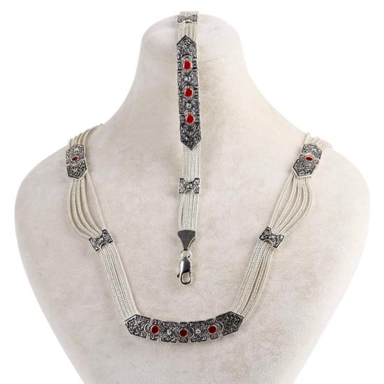 925 Ayar Kırmızı Mine Kuş Motifli Mardin Hasırı Set