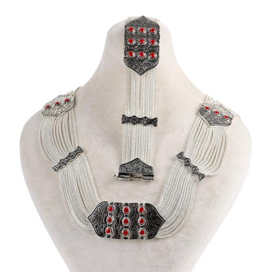 925 Ayar Kırmızı Mine Kuş Motifli Mardin Hasırı Set