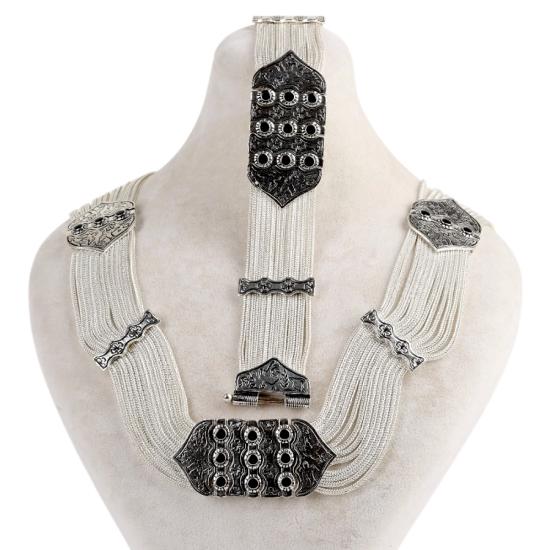 925 Ayar Siyah Mine Kuş Motifli Mardin Hasırı Set
