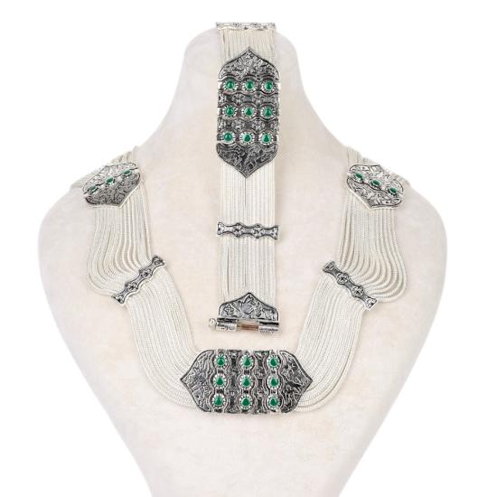 925 Ayar Yeşil Mine Kuş Motifli Mardin Hasırı Set