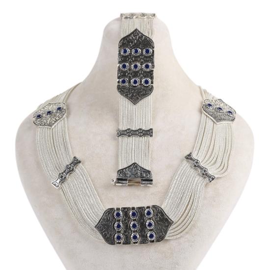 925 Ayar Mavi Mine Kuş Motifli Mardin Hasırı Set