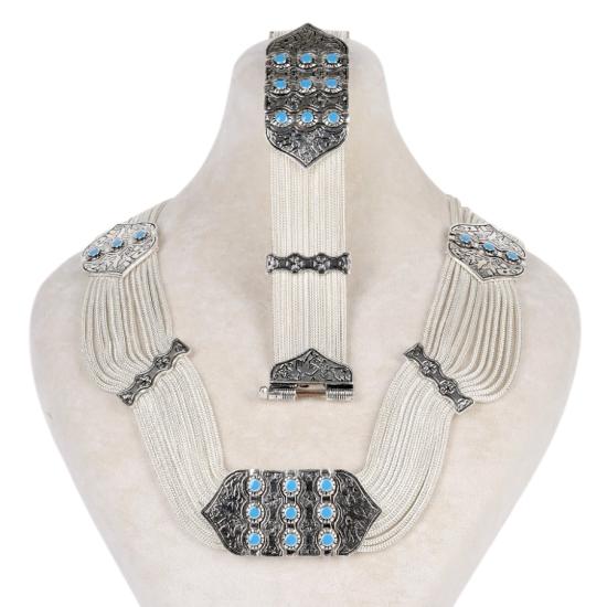 925 Ayar Turkuaz Mine Kuş Motifli Mardin Hasırı Set