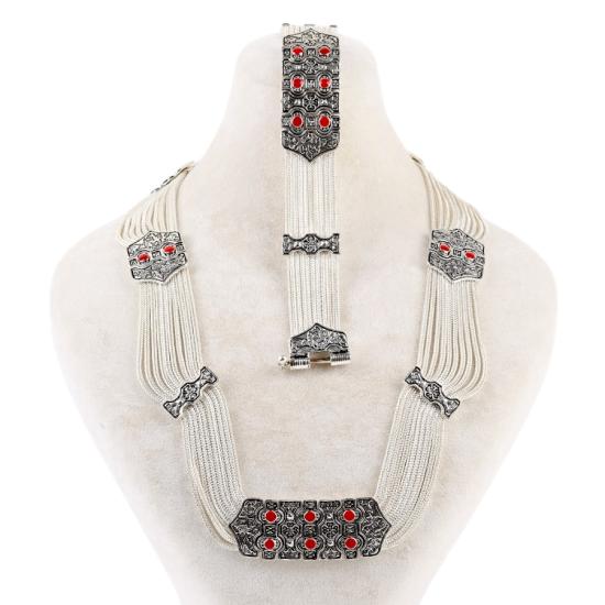 925 Ayar Kırmızı Mine Kuş Motifli Mardin Hasırı Set