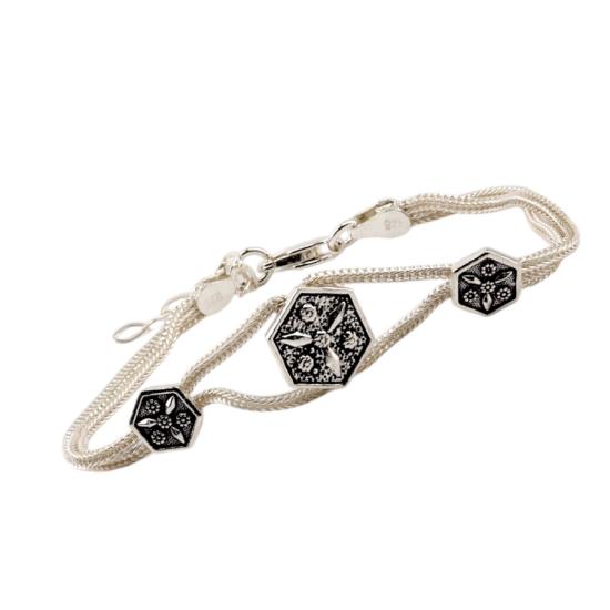 925 Sterling Flower Double Striped Straw Bracelet