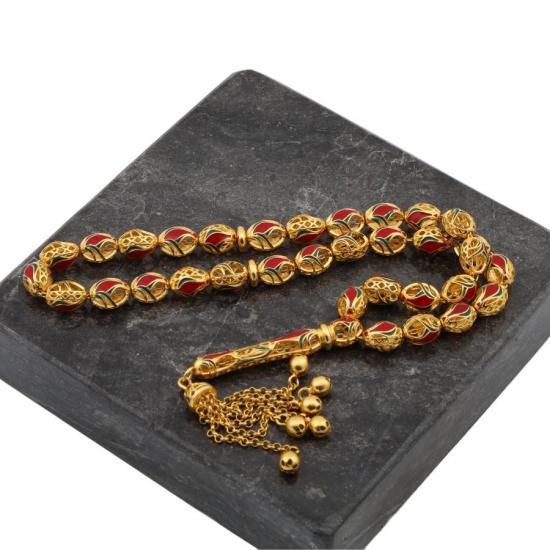 Green Red Tulip Embroidered 14K Gold Rosary